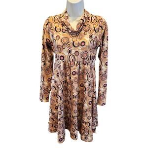 Isle sz S cowl neck geometric midi shift dress retro 90s long sleeve stretch fun